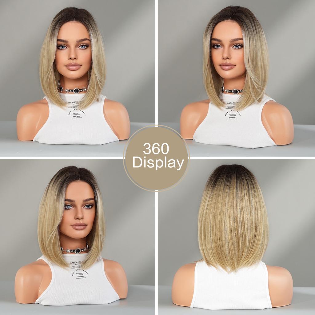 Gradient Blonde Small Lace Wig for Women - Bob Cut Shoulder Length Short Straight Hair, Quick Beauty Full Cap, Lightweight Style Wig