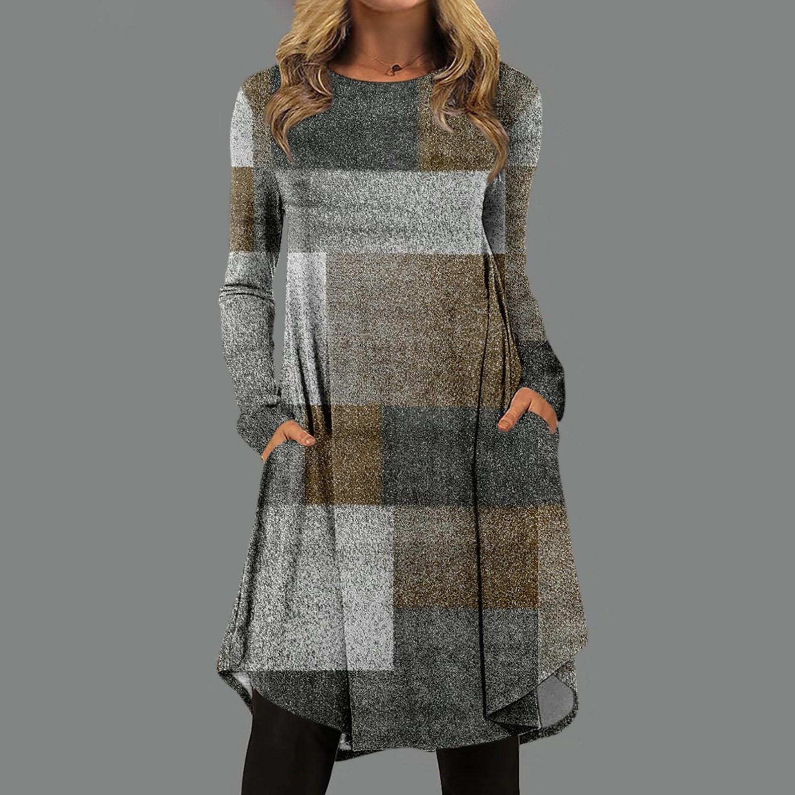 

Женская мода повседневное печатное пуловер с круглым вырезом свободное платье с длинным рукавом L