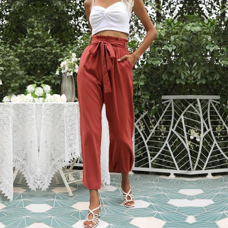Women's Casual High Waist Capris Pants Solid Color Print Fashion