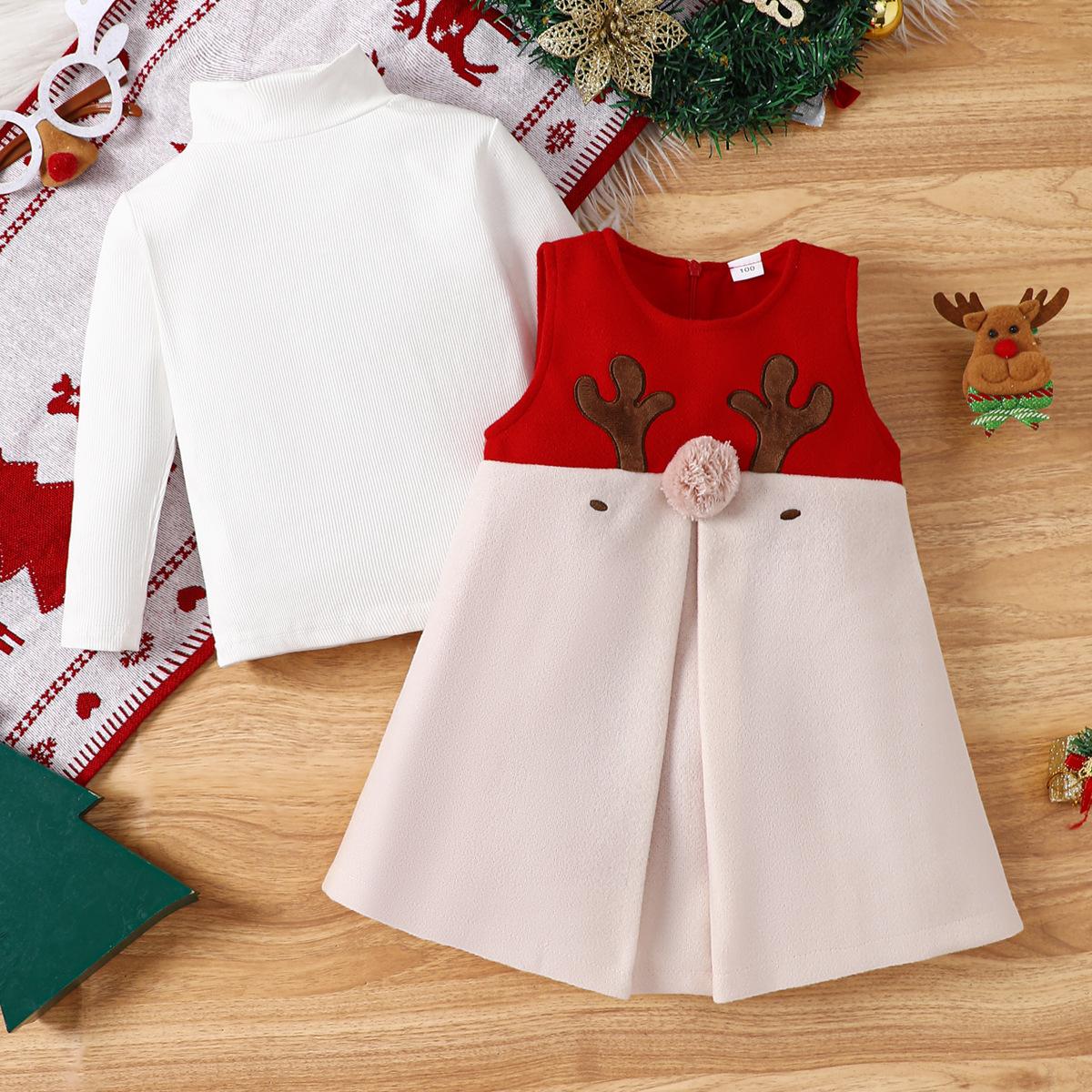 

Рождественская одежда для девочек, комплект из юбки, безрукавки с рисунком оленя + трикотажный топ, комплект из двух предметов для детей 120 белый