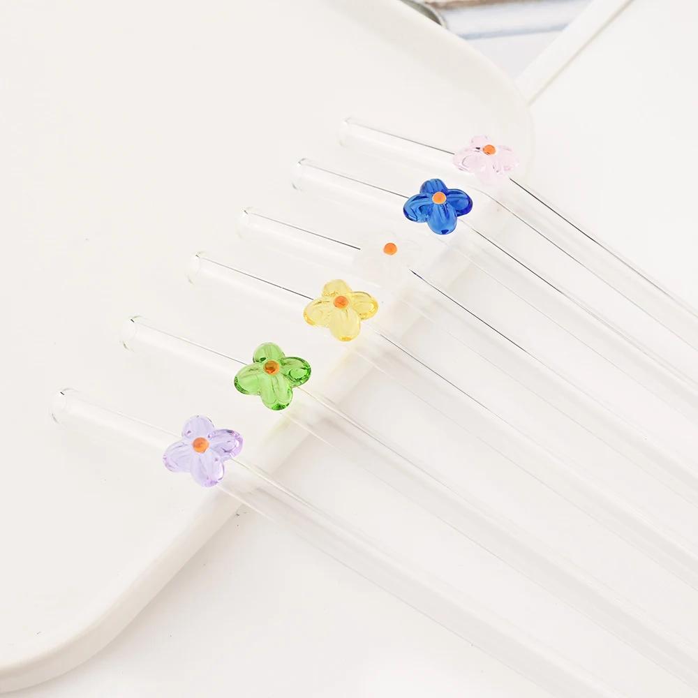 6Pcs Drinking Straw with Brush Set High Borosilicate Glass Flower Bent Straws Set Milk Coffee Shake Cocktail Straw Bar Drinkware