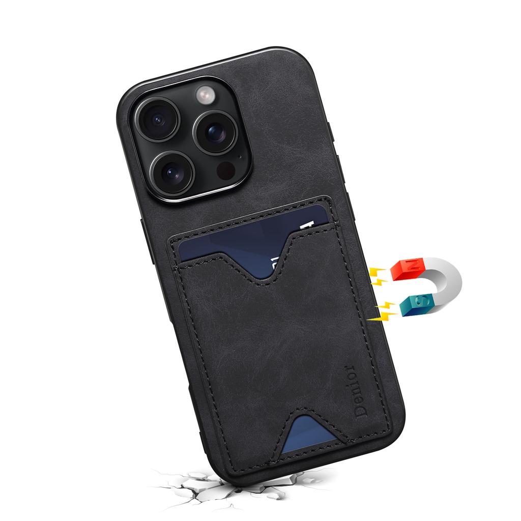 DENIOR For iPhone 16 Pro Case Leather+TPU Card Slot Kickstand Phone Cover