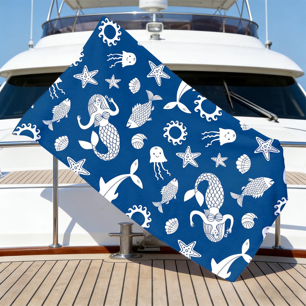 Mermaid & Sea Creature Beach Towel – Oversized Quick Dry Sand Free with Hand-Drawn Ocean Print