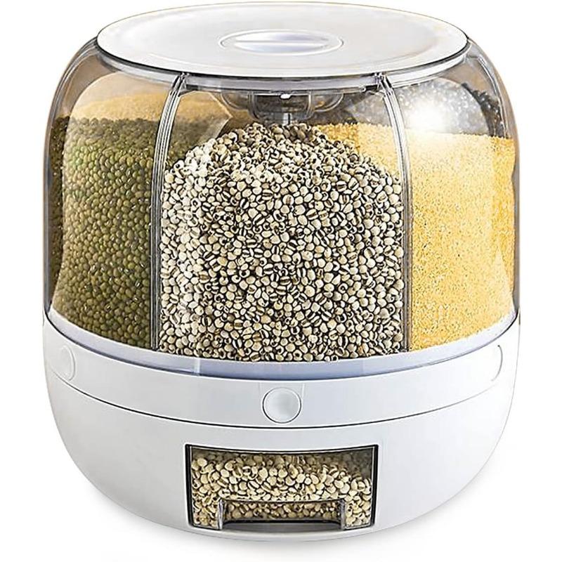 Rotating Grain Dry Food Dispenser Countertop - 6 Grids Cereal Tank Dispenser for Lentils, Rice, Beans - Kitchen Pantry Storage Container