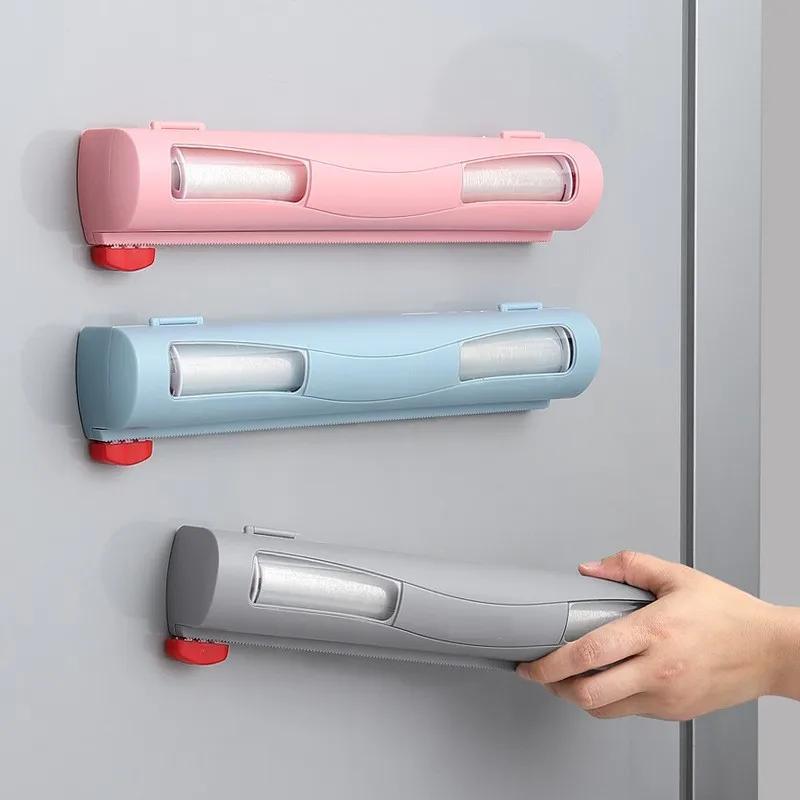 

1pc Cling Film Cutter Dispenser, Magnetic Suction Type, Reusable Food Wrap Cutter, Plastic Wrap Dispenser With Slide Cutter синий