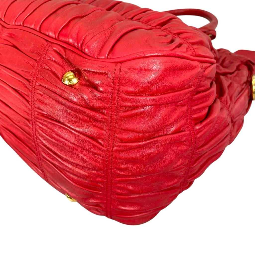 PRADA gathered Nappa Goful Tote Bag leather Red Women B2588L Used
