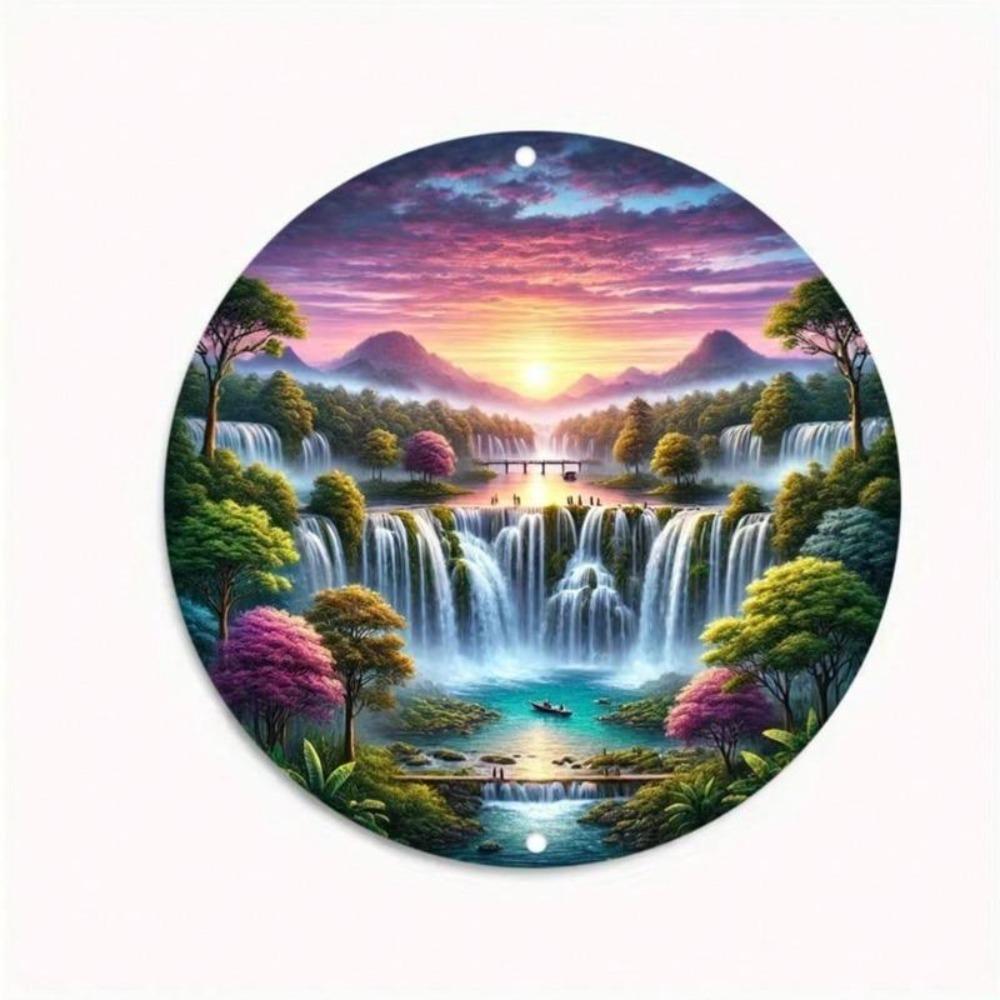 Vintage Metal Wall Art Round Tin Sign Fantasy Waterfall Decor Home Bar Gift