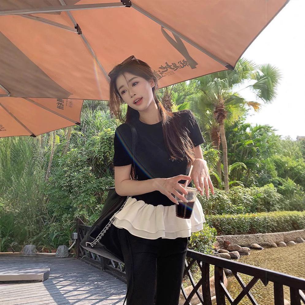 In-Stock Women's Patchwork Lace Puff Sleeve Slim Fit T-Shirt