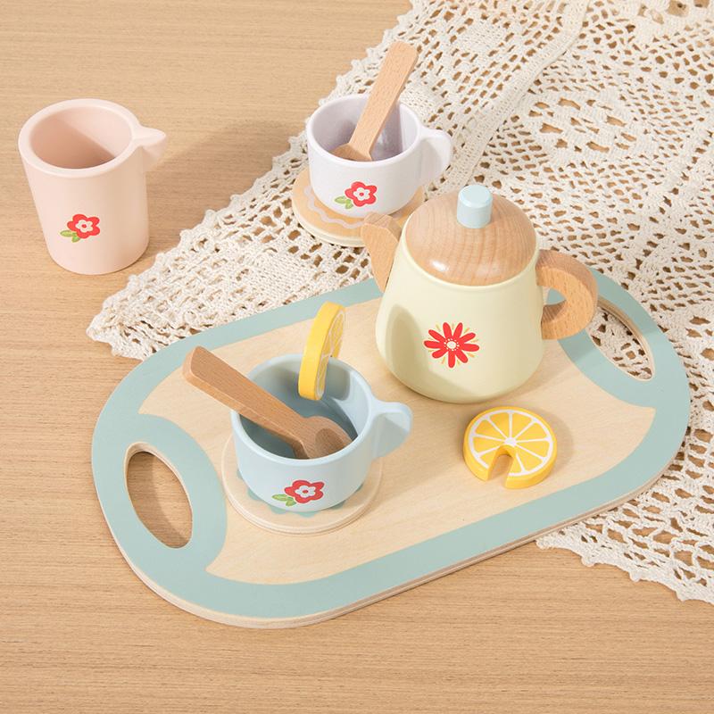 Kids Wooden Tea Set Play House Pretend Make Tea Play With Teapot Teacup Afternoon Snack Role Playing Toys Boys Girls Gift