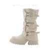 French Cream White Platform Short Boots Women's Medium Tube Pleated Trousers Stacking Boots 2025 Autumn Belt Buckle Retro Knight Boots