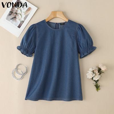 Summer Women Puff Sleeve Demin Blue Casual Tops Blouse