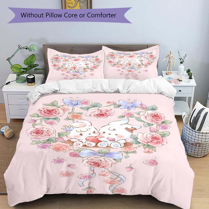 

3pcs Love Flowers & Bunnies Printed Quilt Set - Soft and Comfortable Quilt Cover for Bedroom, Guest Room and Dormitory Decorative Bedding Se 135cm*200cm