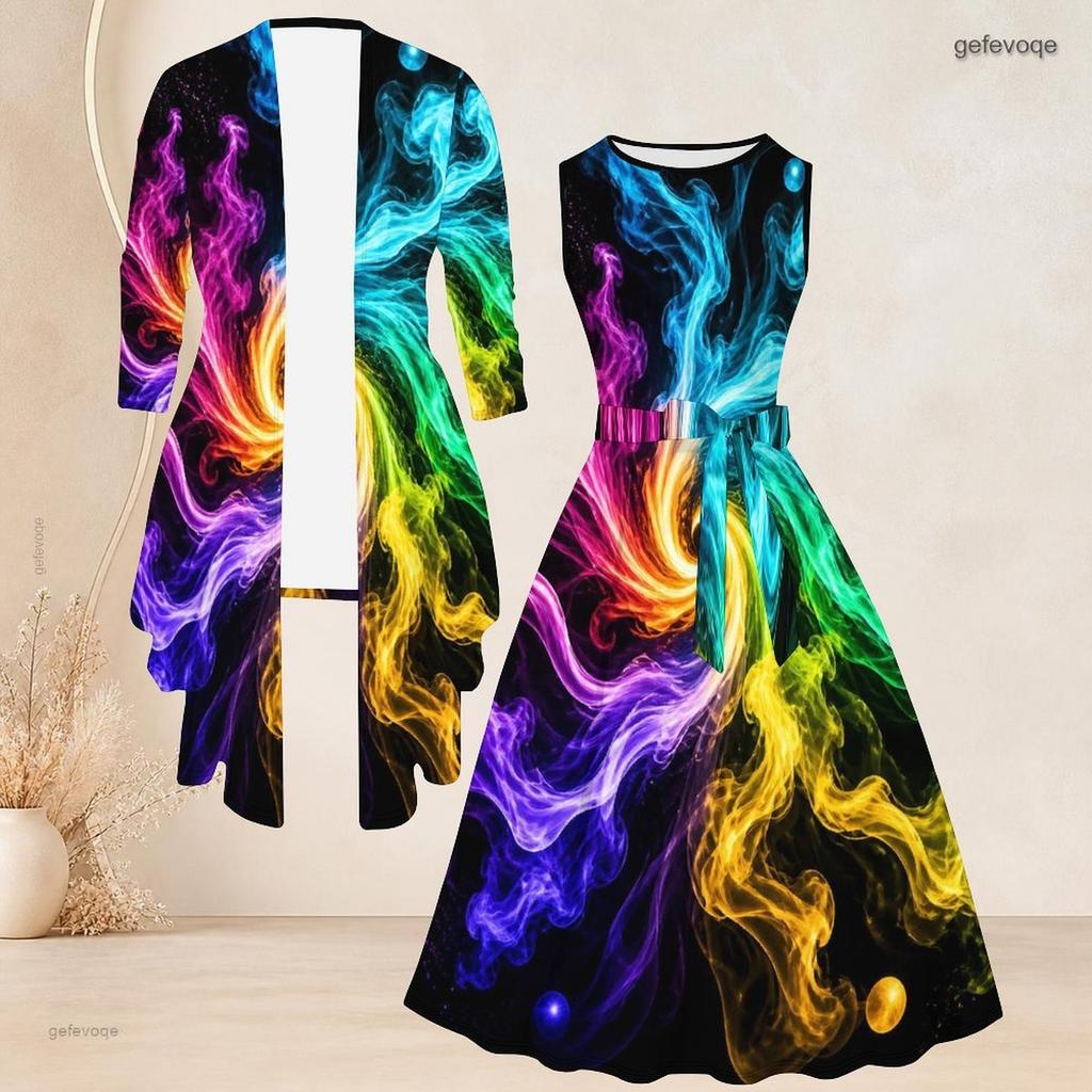 Women Plus Size Two Piece Set Sleeveless Round Neck Tie Waist Printed Flared Dress 3 4 Sleeve Open Front Cardigan
