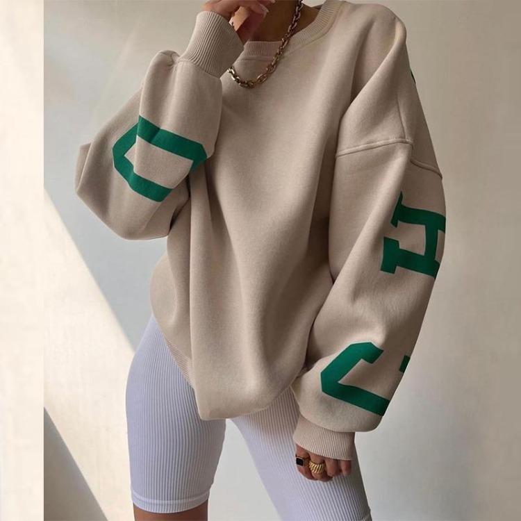 Stylish Loose Thick Long Sleeve Top Women Casual Print Pullover Sweatshirt