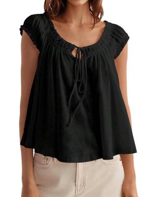 Womens Summer Tie Front Babydoll Top Cap Sleeve Pleated Flowy Blouse