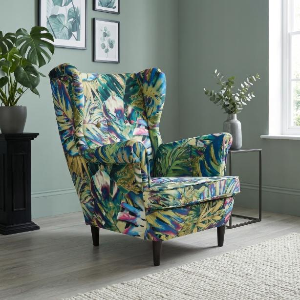 Ohrensessel Flowers Print mit gemustertem Veloursbezug im skandinavischen Stil – Family Meble