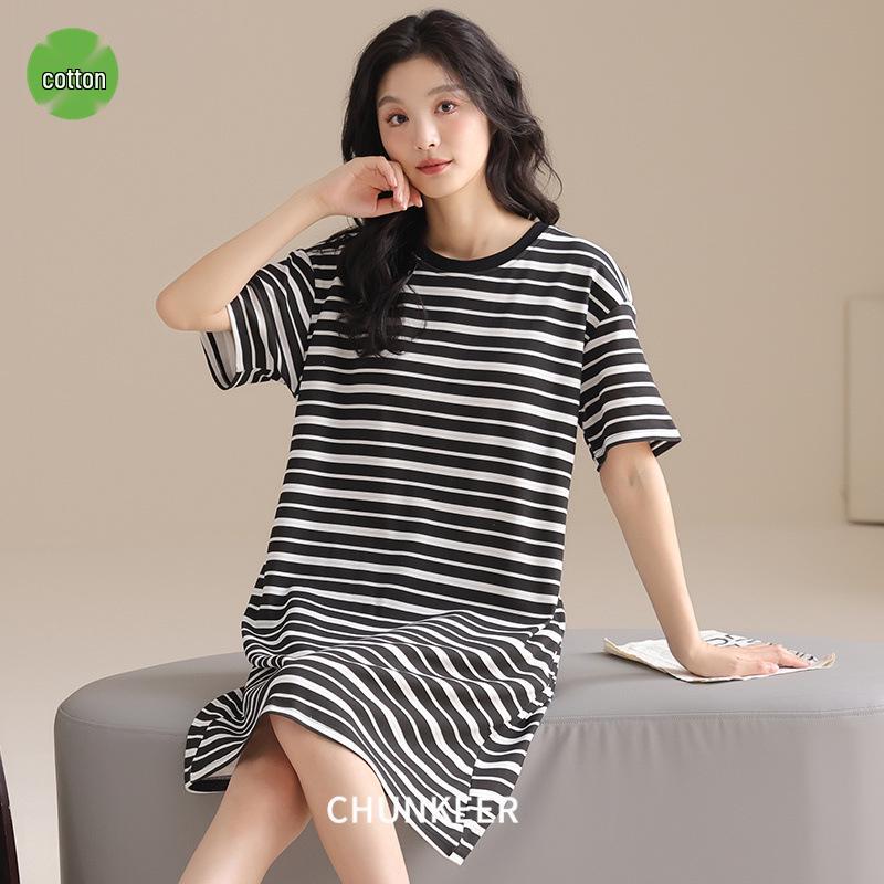 Women's Summer Cotton Round Neck Mid-Length Nightgown