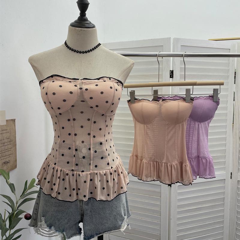 Polka Dot Mesh Bandeau Top with Padded Bustier and Open Back