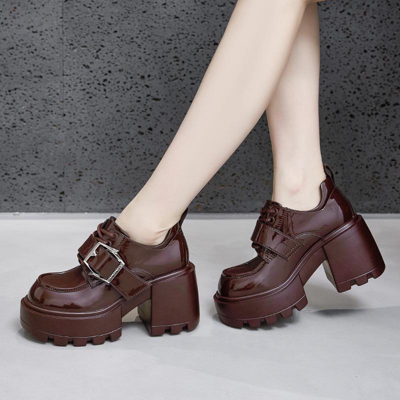 Platform loafers women's 2025 spring versatile thick-heeled small leather shoes British style inner height increase small high-heeled women's shoes