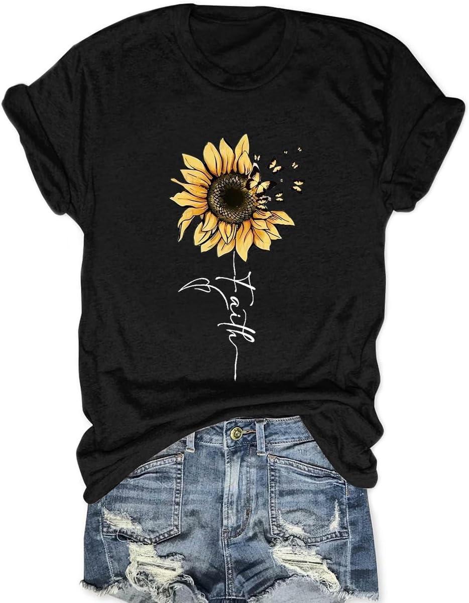 Sunflower Shirts for Women Faith Graphic Tees Short Sleeve Loose Fit Butterfly Teen Girls T Shirt Summer Tops S