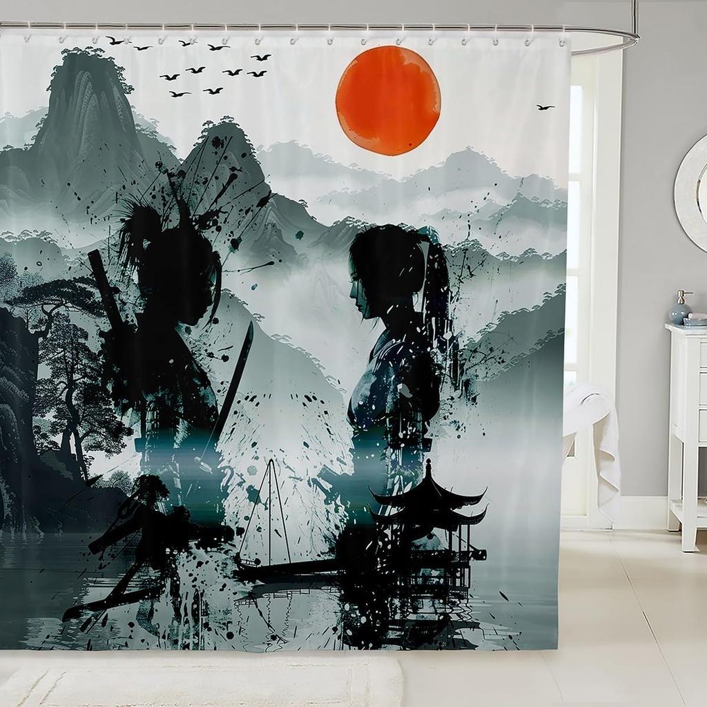 Japanese Samurai Bath Curtain Boys Girls  Landscape Shower Curtain for Kids Women Men Waterproof Sunset Bathroom Shower Curtain