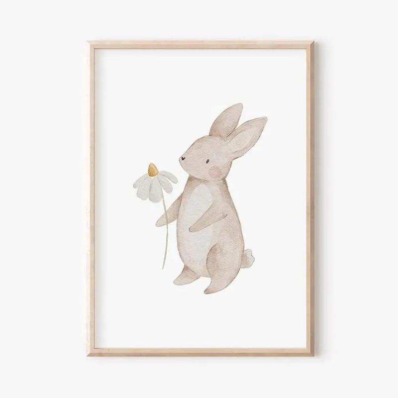 Boho Cartoon Farm Animals Wall Art Canvas Painting Rabbit Bear Bee Flower Posters and Prints Pictures for Baby Kids Room Decor