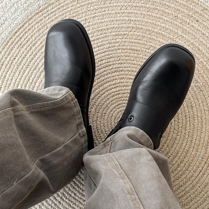 Neue Retro-Sandalen mit runder Spitze und dicker Sohle, aus Leder, retro, schlicht und vielseitig, Temperament, dicker Absatz, flacher Ausschnitt, Einzelne Schuhe 74556-J