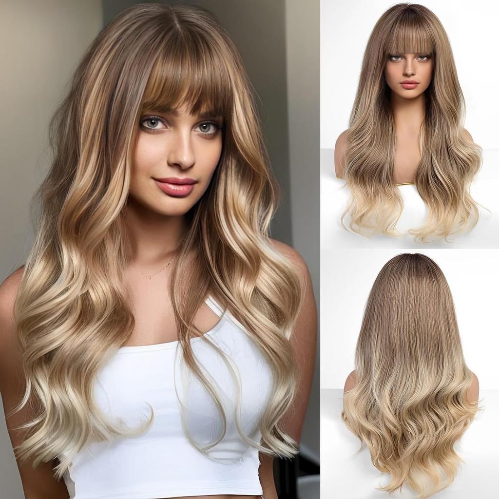 Cross-Border Water Wave Wigs European American Women's Fashionable Synthetic Hair Wig Brown Gradient Color Bangs Long Curly Hair