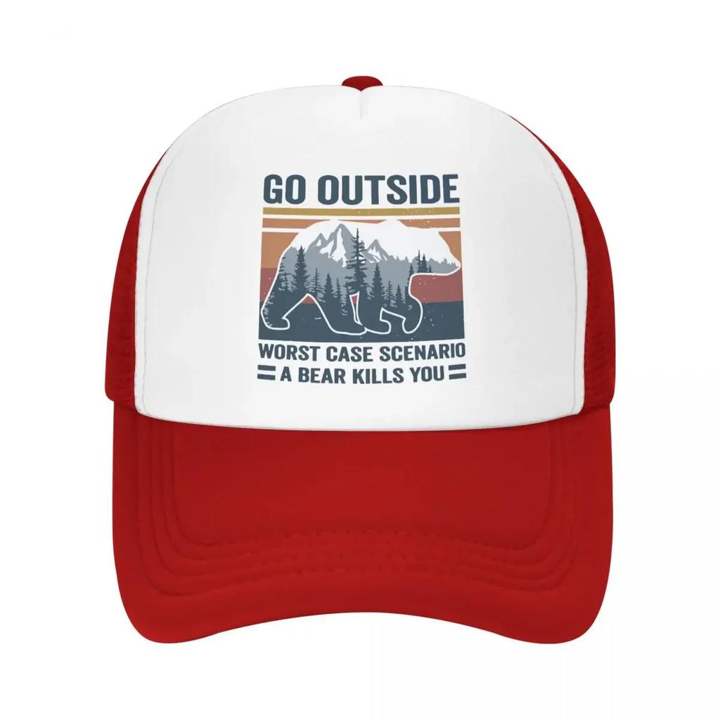 Custom Go Outside Worst Case Scenario A Bear Kills You Trucker Hat Adult Adjustable Baseball Cap Unisex Women Sports Dad Hat