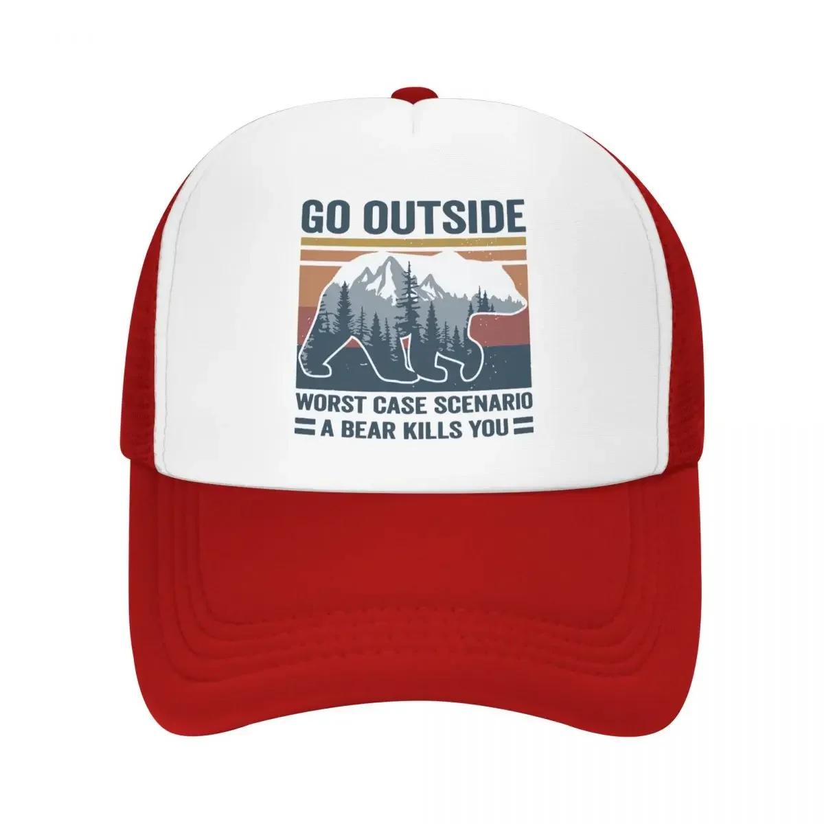 Custom Go Outside Worst Case Scenario A Bear Kills You Trucker Hat Adult Adjustable Baseball Cap Unisex Women Sports Dad Hat One Size
