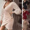 Damen Kleid mit ausgehöhlten Spitzenärmeln, Etuikleid, schmale Passform, unregelmäßiger tiefer V-Ausschnitt