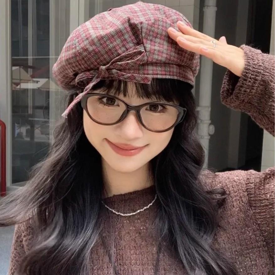 Japanese Retro Plaid Beret Children's New Literary and Versatile Painter Hat Strap Bow Pumpkin Hat Trend