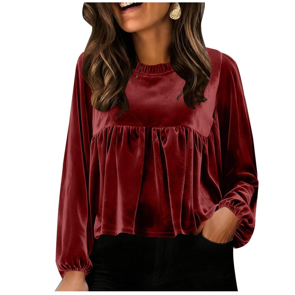 Women Loose Crewneck Babydoll  Long Sleeve Elegant Sleeve Velvet Blouse