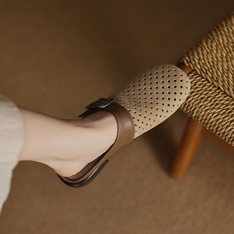 Mode NYA Sommar Dammules Ko Mocka Läderskor för Kvinnor Koncisa Täckta Tå Slingback Skor Rund Tå Låg Klack Moderna Sandaler