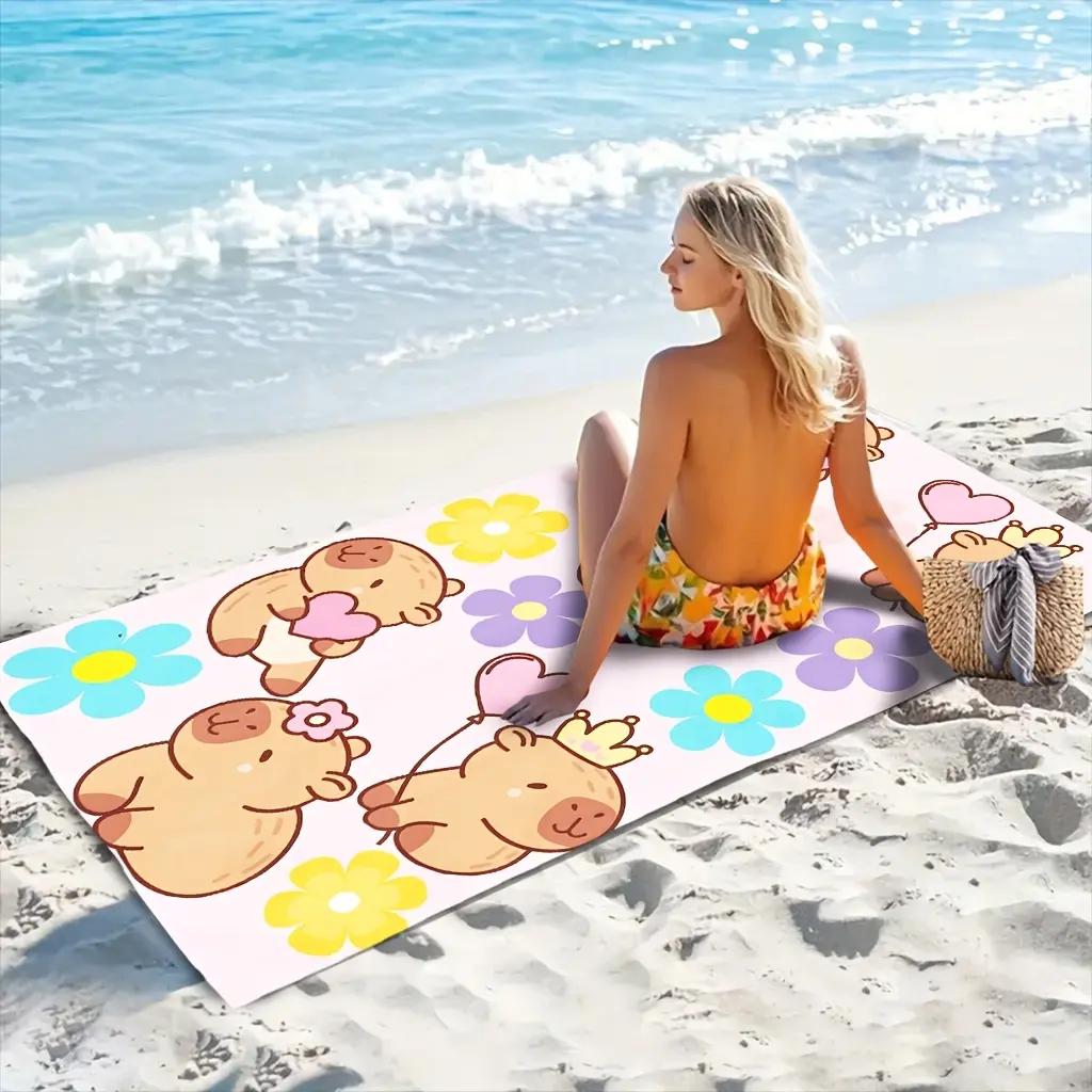 Süßes Capybara Strandtuch Flachdruck Rosa Blumig Badetuch Weiche Mikrofaser für Kinder Mädchen Reise Pool Picknickdecke Geschenk