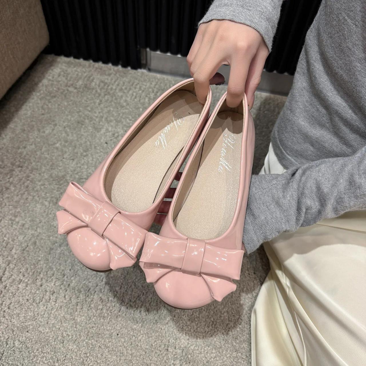 

Fashion 2025 New Korean Version Gentle Temperament Round Head Bow Bow All Seasons Flat Women s Shoes 35 розовый