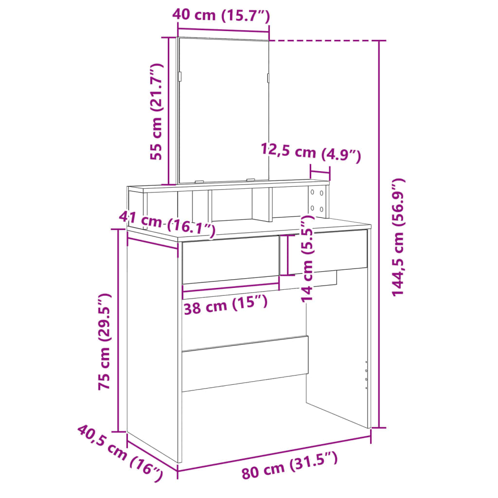 Makeup Table with Mirror Smoked Oak 80 x 41 x 144.5 cm