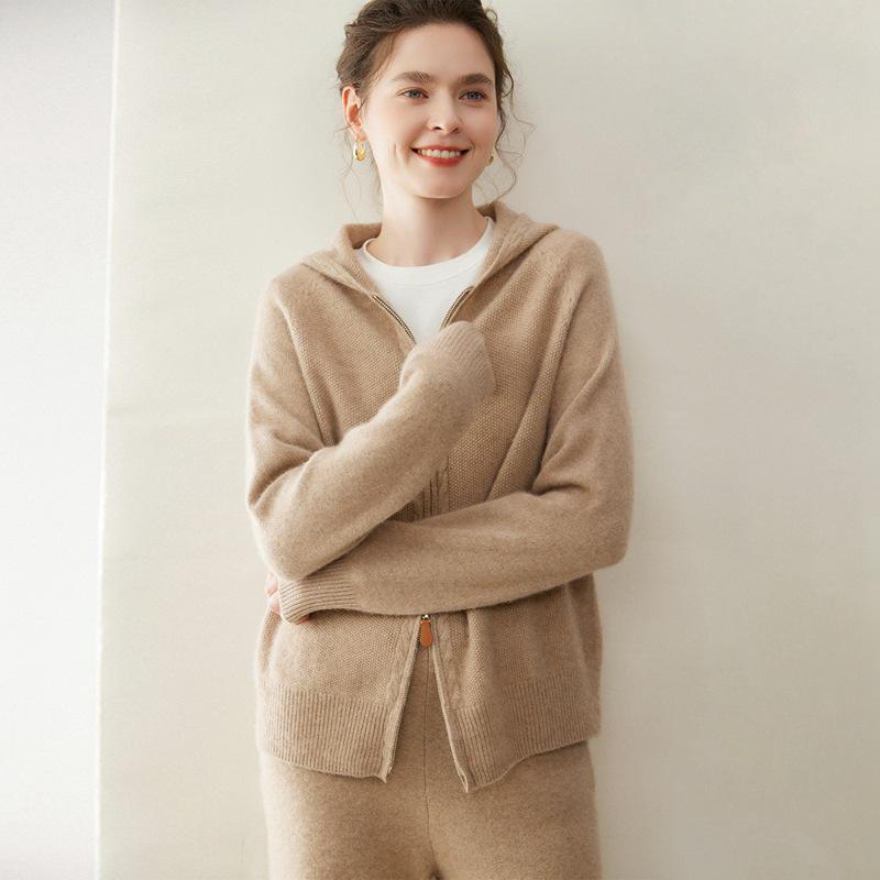 Elegant Hooded Cashmere Knit Cardigan for Women - Cozy, Loose Fit, Thick Zipper Sweater Coat