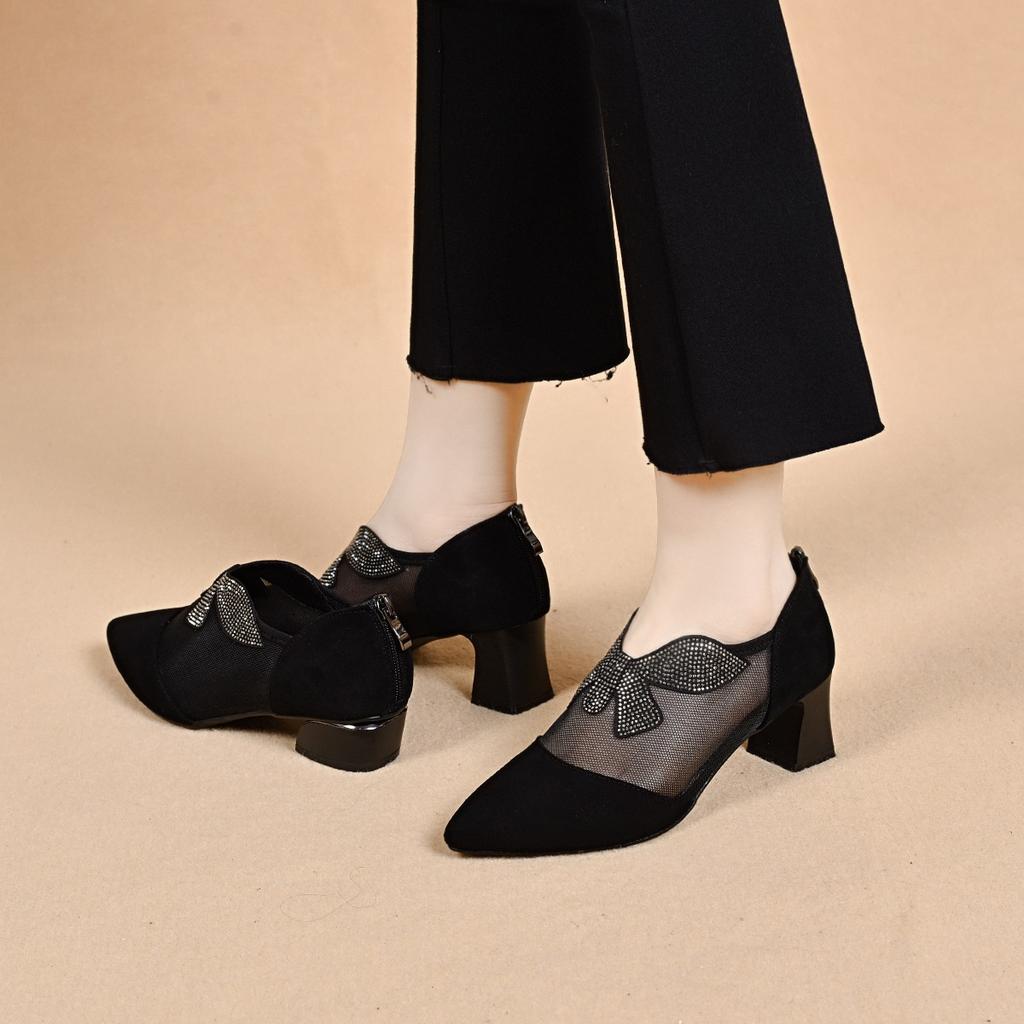 Pointed Mesh Single Shoes Women's Spring and Summer Simple Temperament Designer Rhinestone Butterfly Flower Zipper Small Single Shoes