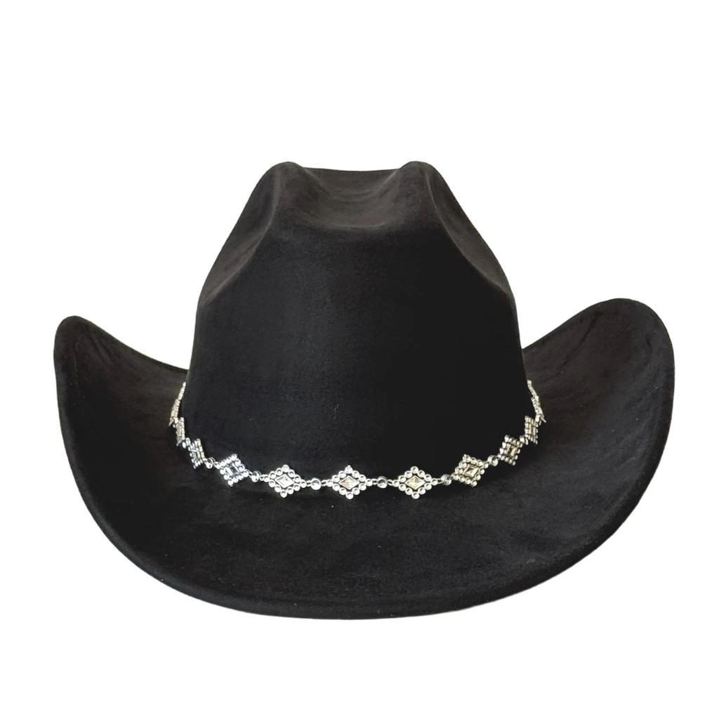 Rhombus Rhinestone Suede Cowboy Hat - Upturned Brim, Fluffy Design, Perfect for Parties or Gifts