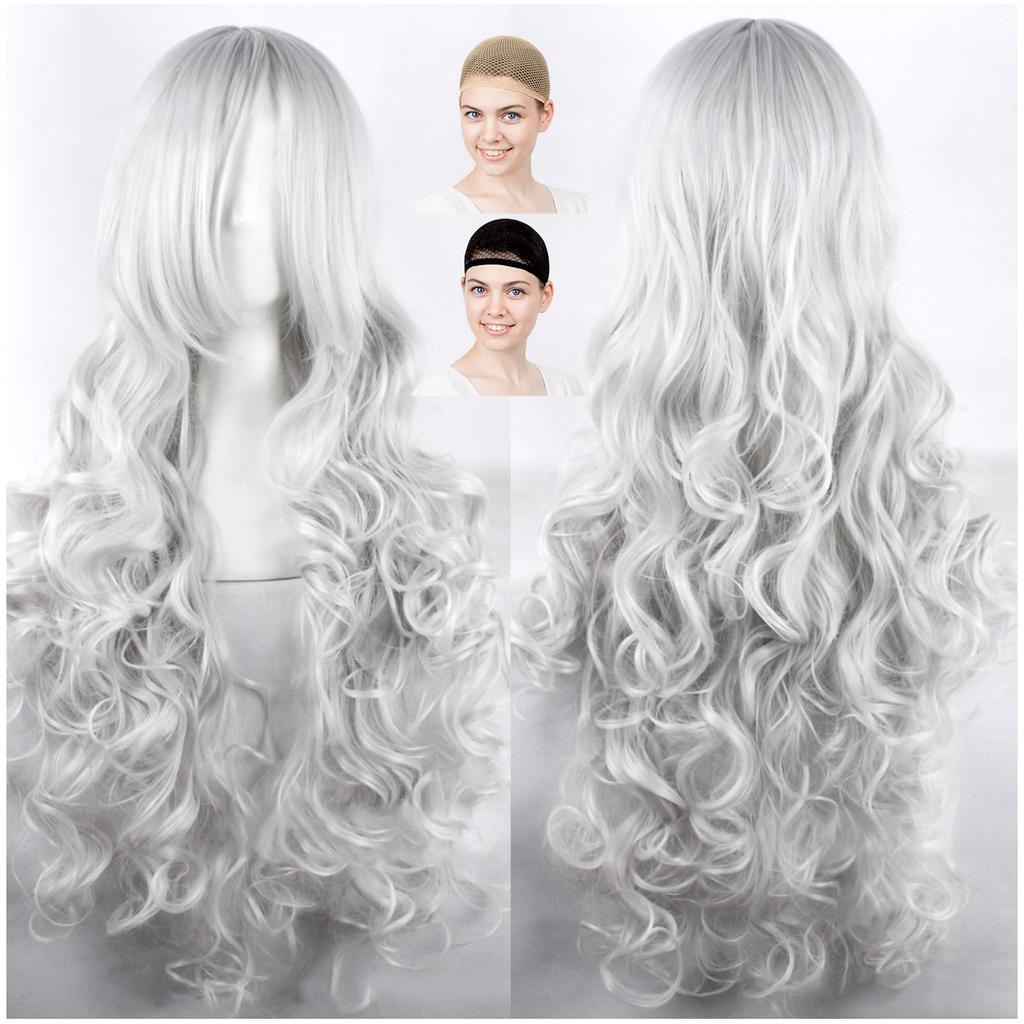 CaseEden Cosplay Long Silver Includes 2 Wig Nets Wig, Curly, 80cm, Heat-Resistant, Hair,