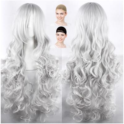 CaseEden Cosplay Perücke, Lang Lockig, 80cm, Hitzebeständig, Silbernes Haar, Inklusive 2 Perückennetze