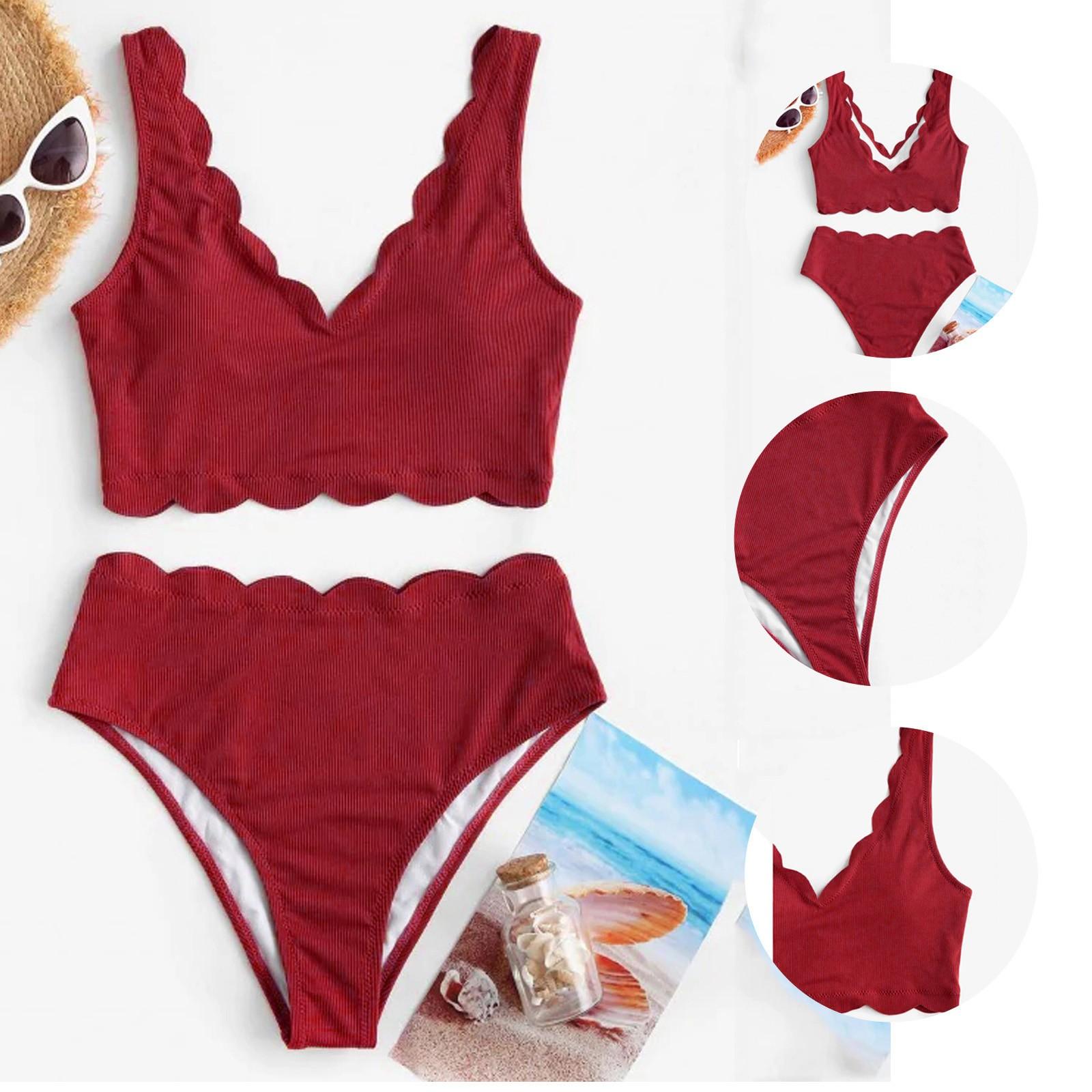 

Жіночий сексуальний купальник з фестончатим текстурою, бікіні, пляжний одяг, купальний костюм S винний