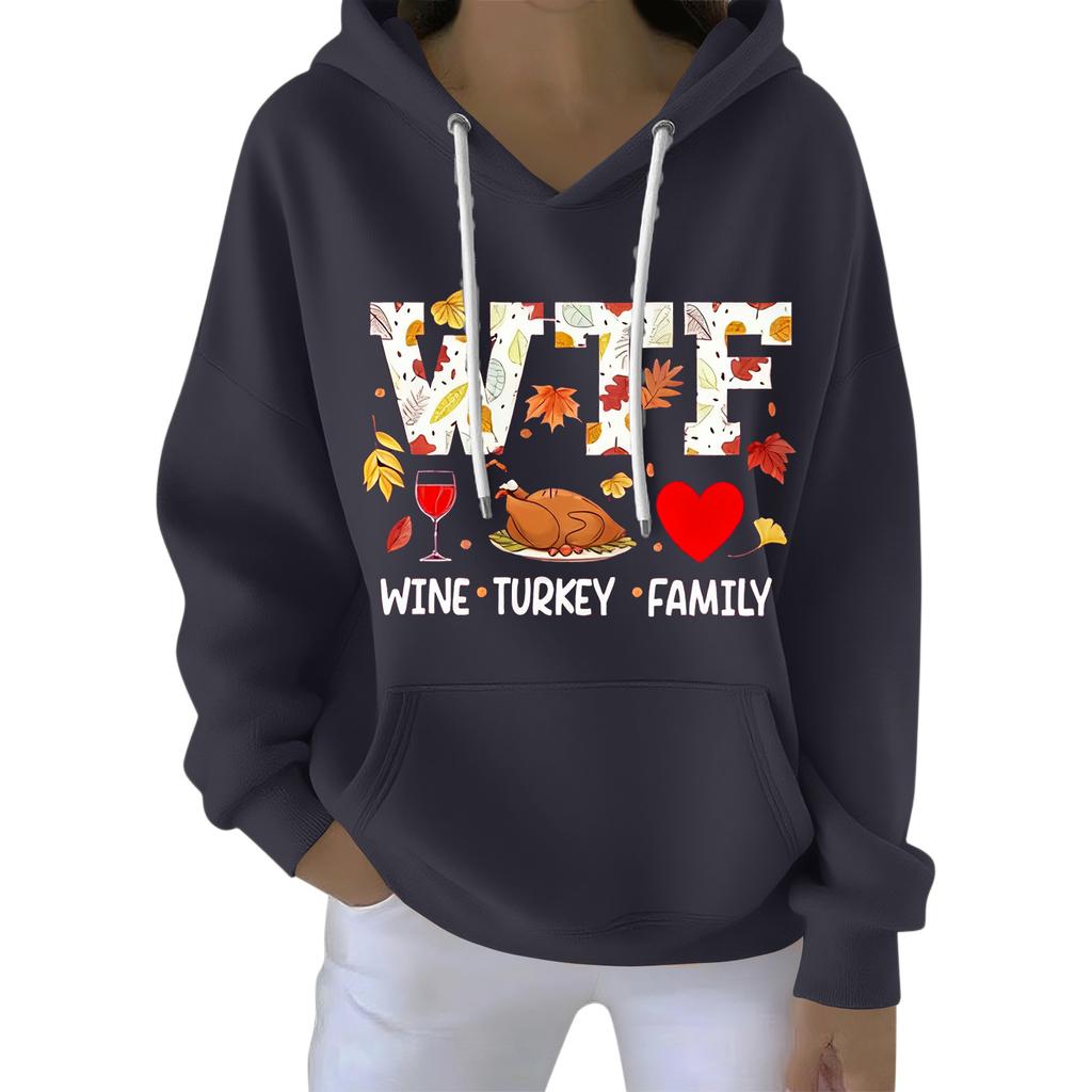 Women's Loose Comfort Drawstring V-Neck Long Sleeve Thanksgiving Print Hoodie