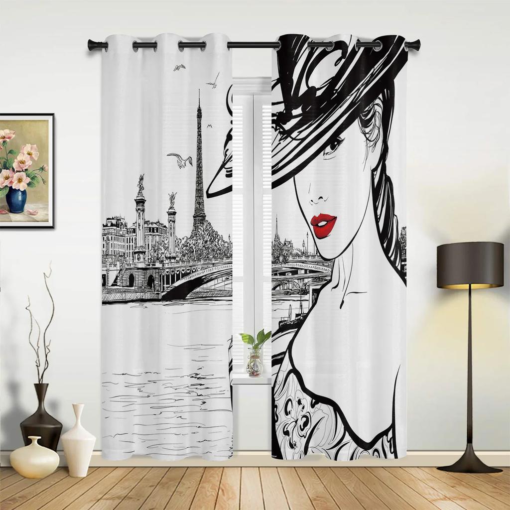 France Paris Tower  Air Balloon Retro Curtains for Bedroom Living Room Drapes Kitchen Children Window Curtain Home Decor