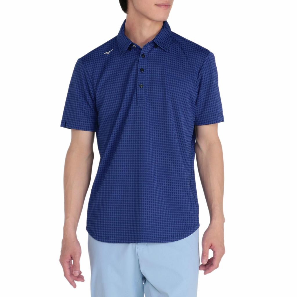 Mizuno Golf Wear Knit Jacquard Gingham Short Sleeve Shirt with and E2MAC018 Button-Down Collar, Moisture-Wicking Quick-Drying, Navy,