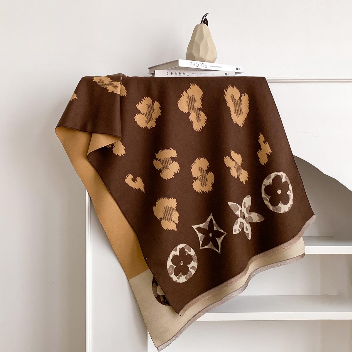 

женский леопардовый принт сращивание форма модный универсальный имитация кашемира теплый шарф короткая бахрома кисточки шаль женщины 185x65cm темно-коричневого