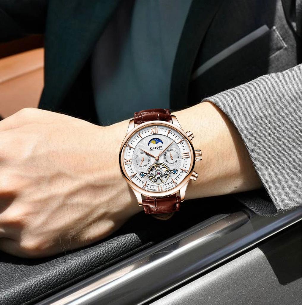 KINYUED J087 Fashion Men Mechanical Hand Wind Wrist Watch Leather Luminous Hands Luxury Men Wristwatch Mens Watch