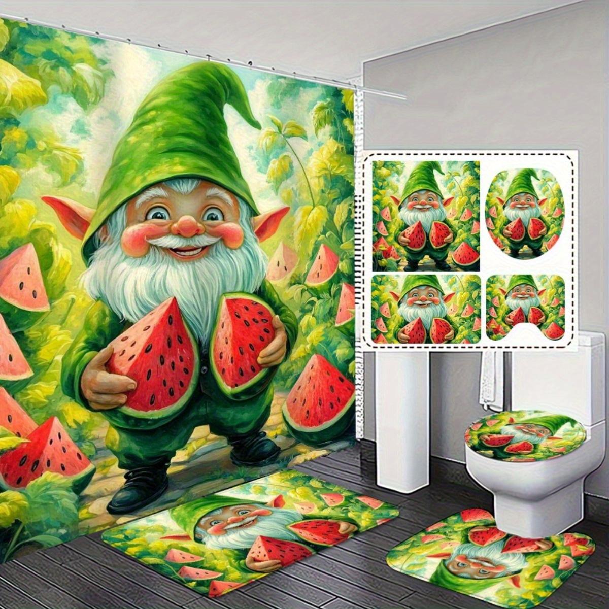 

4шт. Трендовая шторка для душа с подходящим набором нескользящих ковриков для ванной - Забавный дизайн с гномом и арбузом для декора ванной комнаты 90x180cm