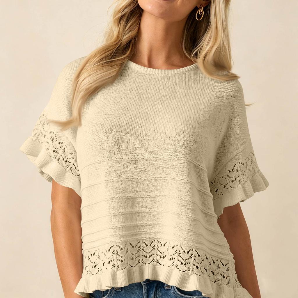 Summer New Women Knit Short Sleeve Sweater Round Neck Hollow Out Ruffle Hem Loose Fit Top Lightweight Casual Pullover